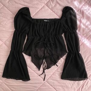 Black Ruched Long Sleeve Sheer Blouse w/ Square Neckline & Ribbon Detail